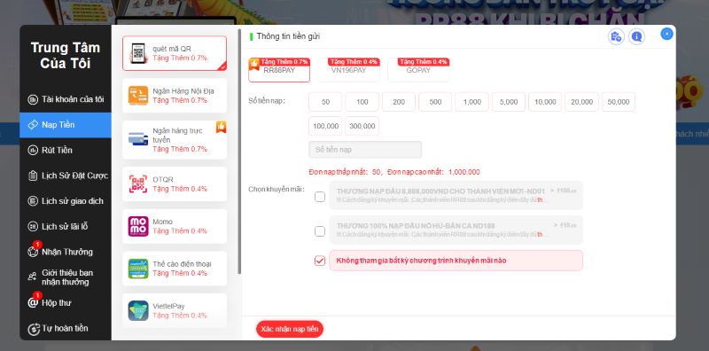Các phương thức nạp tiền RR88 đa dạng Các phương thức nạp tiền RR88 đa dạng